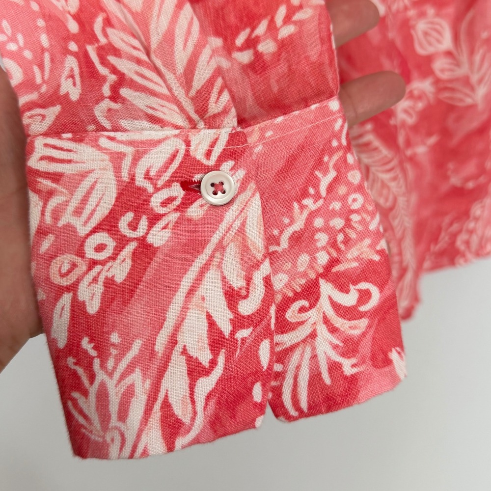 Talbots Petite MP 100% Linen Button Up Blouse Coral Pink White Vacation Coastal - Picture 10 of 11